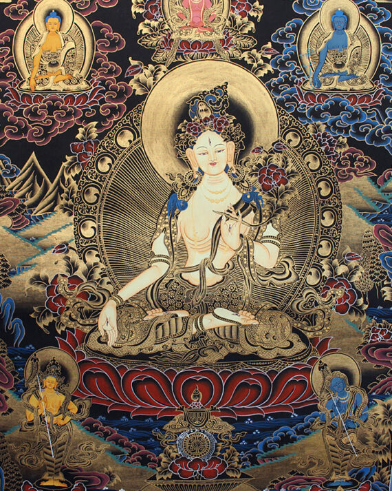 White Tara Thangka Painting with Blue Border 69x54 CM