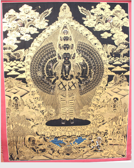 Tibetan Avalokiteshvara Gold Toned Thanka Paintings 32x25cm