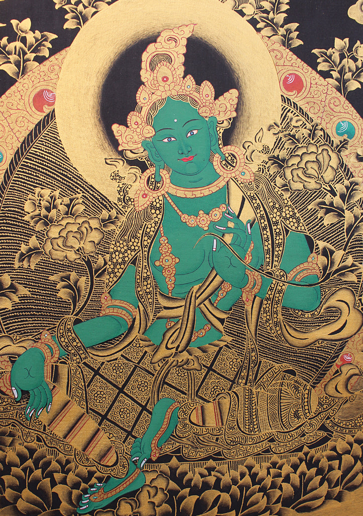Green Tara Thangka Painting with Red Border