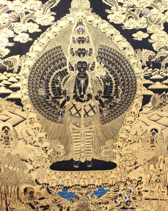 Tibetan Avalokiteshvara Gold Toned Thanka Paintings