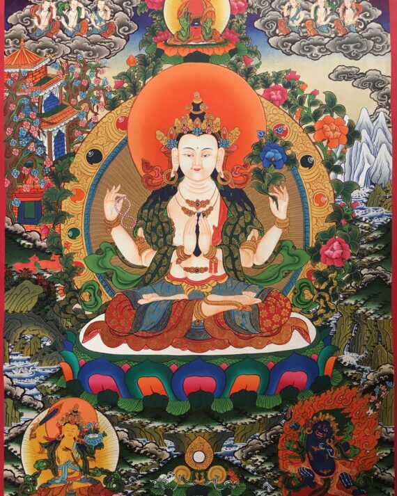 Meticulously Handpainted Chenrezig Thangka 54x48cm