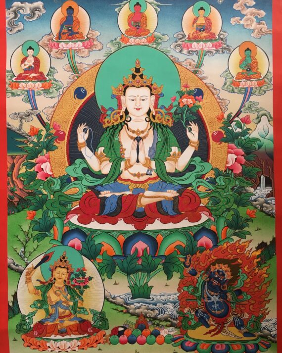 Chenrezig Thangka with Pancha Buddha 68x50cm