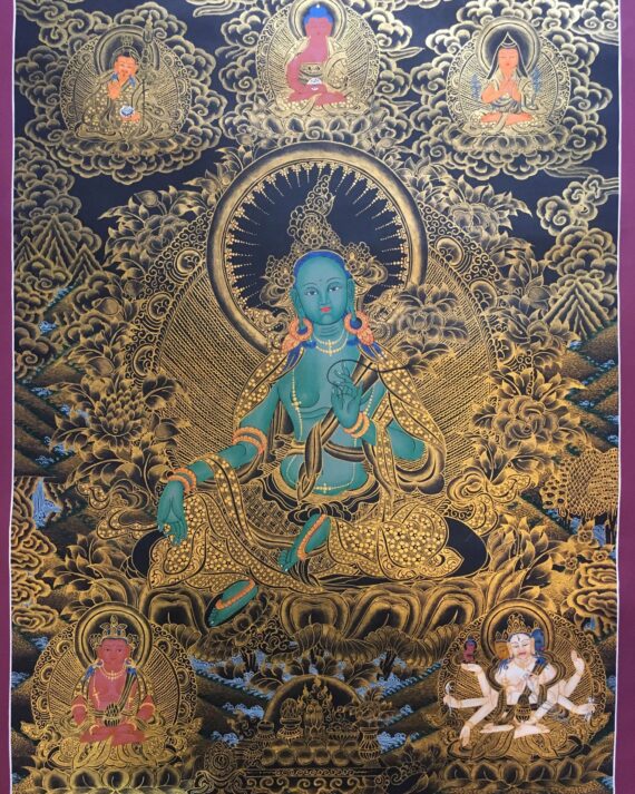Green Tara with Pancha Buddha Golden Thangka