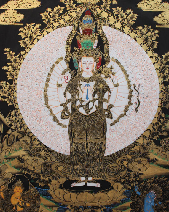 Black Gold Tonned Avalokeshvara Thangka Painting 29x21 CM